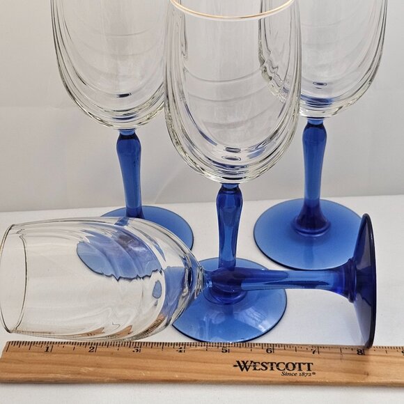 Libbey Crystal Blue Cobalt Wine Water Goblets 8.2" swag drape bowl gold rim (4) - Picture 6 of 8